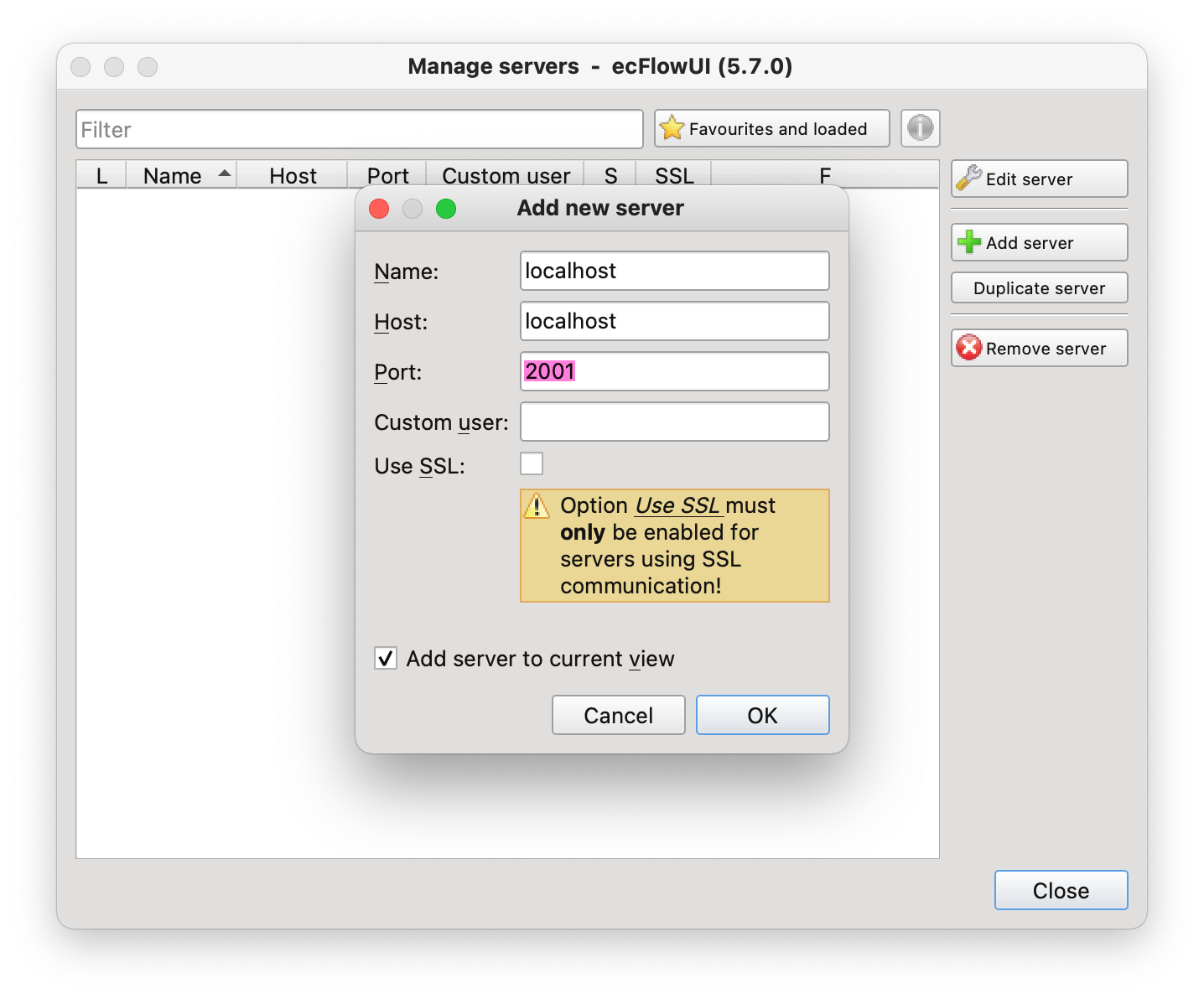 ecFlowUI Add Server Dialog