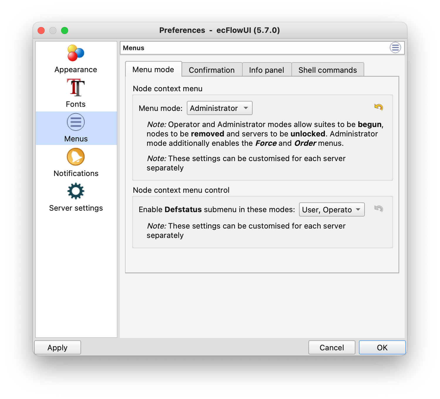 ecFlowUI Administrator Menu Mode